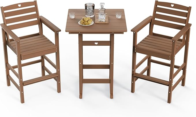 3-Piece Bar Height Patio Table and Chairs Set, HDPE Wood Grain Outdoor Bar Table and Chairs with Heart Cutout Design, Weather-Resistant Bar Height Furniture for Deck, Porch, Pool (Teak)