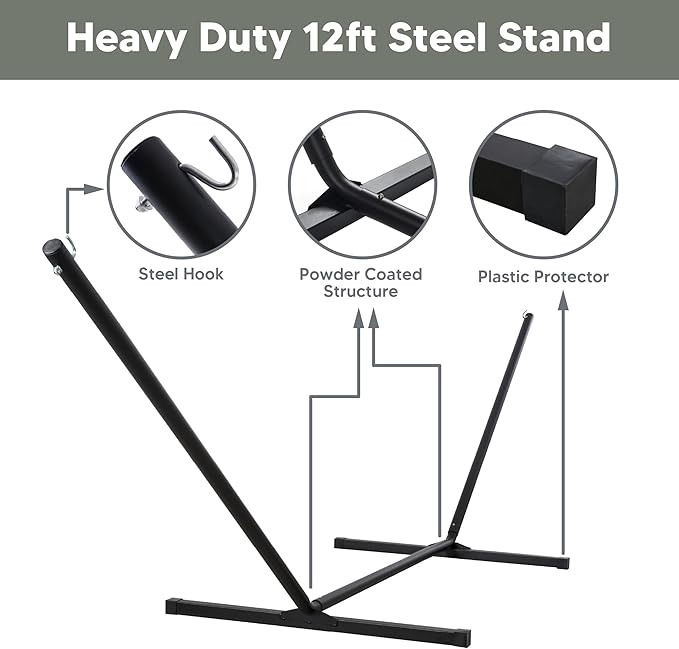 SUNCREAT Hammocks Double Outdoor Hammock with Stand, Cotton Rope Two Person Hammock with Polyester Pad & Large Pillow, Blue& Gray