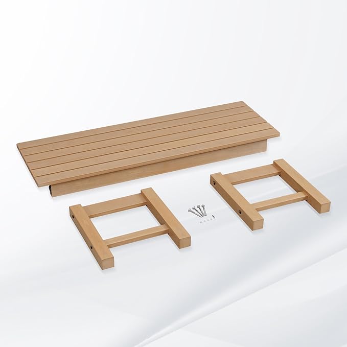 Psilvam Outdoor Bench, Two Person Poly Lumber Porch Bench, Weatherproof Garden Bench That Never Rot and Fade, All-Weather Patio Bench Suit for Garden, Porch, and Park (2pcs, Teak Color)