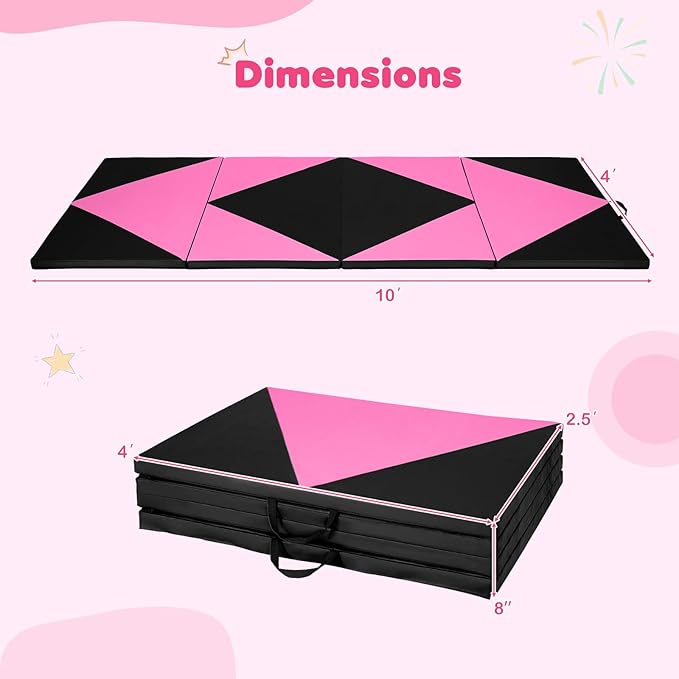 Giantex 4'x10'x 2" Gymnastics Mat, 4-Panel Folding Aerobics Exercise Mat w/Hook & Loop Fastener, Carrying Handle, Portable Tumbling Mat for Stretching Yoga Cheerleading Martial Arts