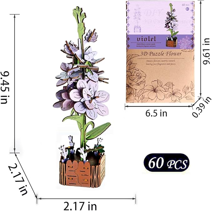 3D Wooden Puzzles for Kids DIY Wooden Flower Building Block Set Craft for Children Adults to Build Valentine's Day/Mother's Day/Teacher's Day/Birthday Gifts (Violet)