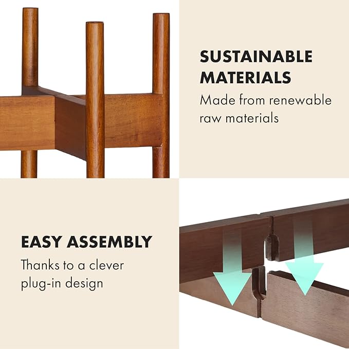 Fox & Fern Mid Century Plant Stand — 8 Inch Fixed Size Wooden Plant Stand for Indoor Planters; Raised Flower Pot Holder for Indoors; Plug In Design; Two Height Options; Easy to Assemble - Acacia