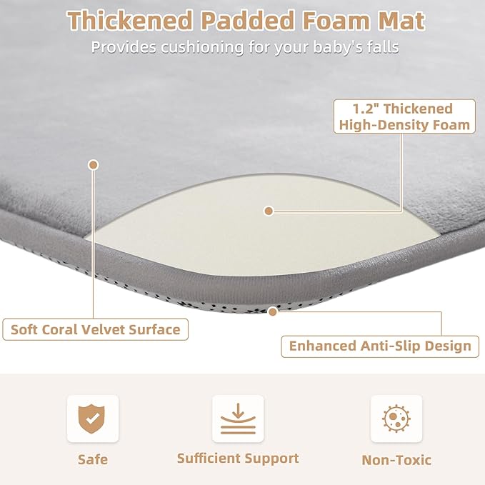 Thick Baby Play Mat for Floor,Padded Foam 59x39 Nursery Rug,Ultra Soft Support&Plush Feel Tummy Time Mat,Non Slip for Toddler,Infants,Kids Play,Yoga,Baby Crawling (Light Grey)