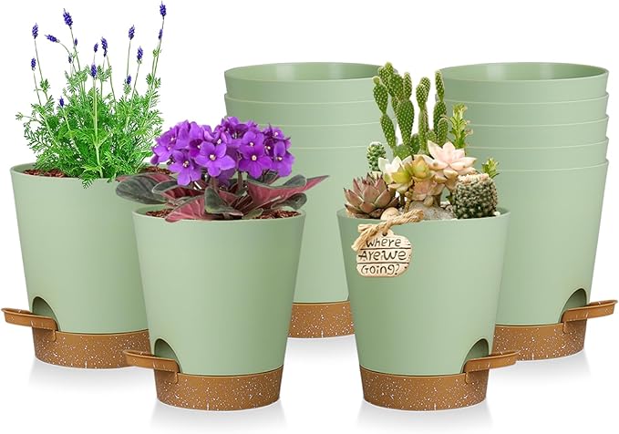 12 Pack 4 Inch Self Watering Plant Pots with Drainage and Saucers,Plastic Flower Pots for Indoor and Outdoor Plants, Nursery Planters for Houseplants and Herbs Green Brown, 4 inch 12pcs