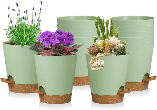 12 Pack 4 Inch Self Watering Plant Pots with Drainage and Saucers,Plastic Flower Pots for Indoor and Outdoor Plants, Nursery Planters for Houseplants and Herbs Green Brown, 4 inch 12pcs
