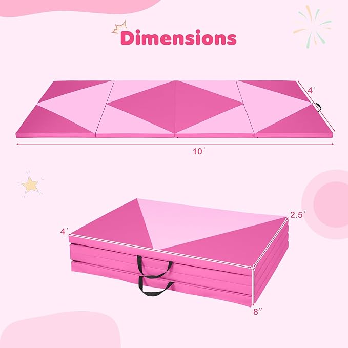Giantex 4'x10'x 2" Gymnastics Mat, 4-Panel Folding Aerobics Exercise Mat w/Hook & Loop Fastener, Carrying Handle, Portable Tumbling Mat for Stretching Yoga Cheerleading Martial Arts