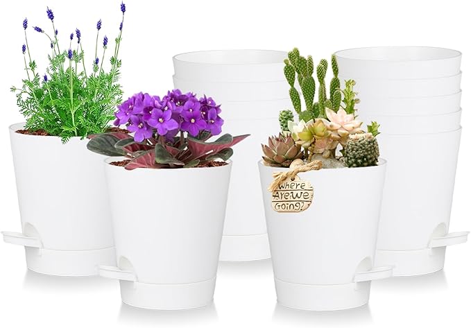 12 Pack 4 Inch Self Watering Plant Pots with Drainage and Saucers,Plastic Flower Pots for Indoor and Outdoor Plants, Nursery Planters for Houseplants and Herbs White, 4 inch 12pcs