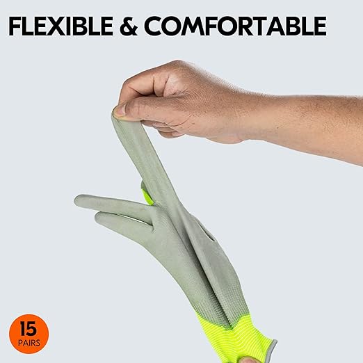 Vgo... 15-Pairs Safety Work Gloves, Gardening Gloves, Polyurethane Coated, Dipping Gloves, Latex Free (Size M, Yellow, PU2103)