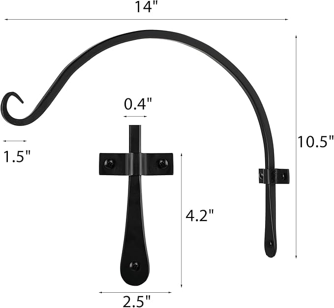 Worth Garden 6-Pack 14" Plant Hanger Bracket - Hand-Forged Wrought Iron Powder-Coated Heavy Duty Wall Hooks - Black Curved Plant Hanging Hooks for Bird Feeders, Flower Baskets, Indoor & Outdoor Use