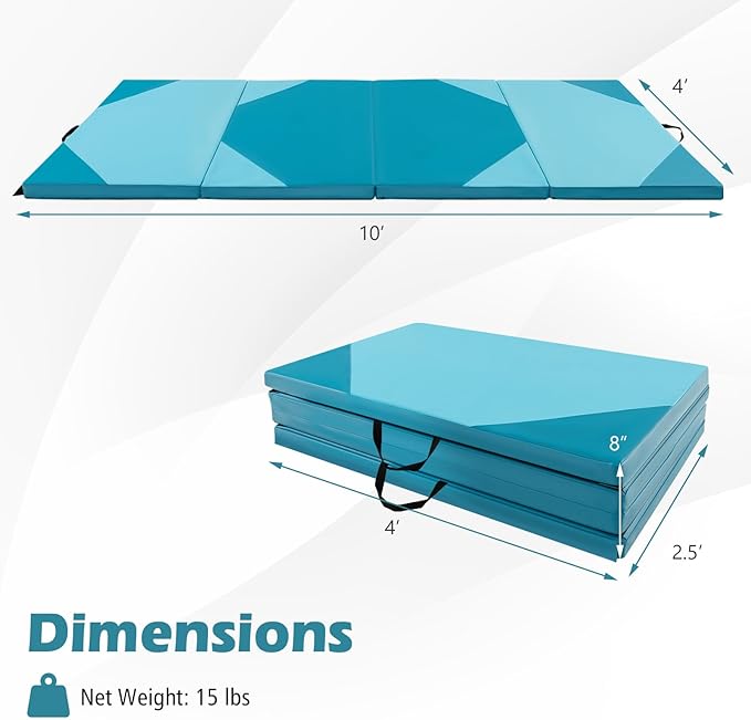 Giantex 4'x10'x 2" Gymnastics Mat, 4-Panel Folding Aerobics Exercise Mat w/Hook & Loop Fastener, Carrying Handle, Portable Tumbling Mat for Stretching Yoga Cheerleading Martial Arts