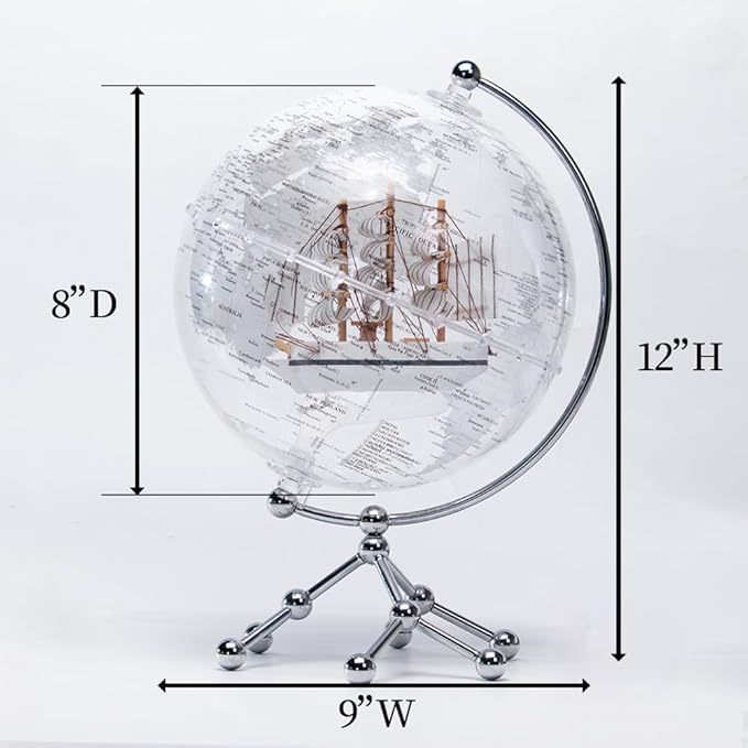 White Earth Globe (Diam. 20 cm/7.9 inches), Desktop Night Light, World Map, Sailboat, Warm White Light
