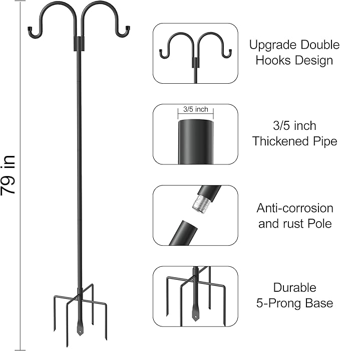 Highpro Double Shepherds Hooks for Outdoor, 2 Pack 79 Inch Heavy Duty Garden Pole for Hanging Bird Feeder, Bird Feeder Hook Plant Baskets,Garden Plant Hanger Stands with 5 Base Prongs