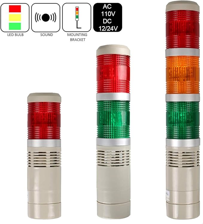 Industrial 3-Layer Stack LED Warning Light with Buzzer, 110V AC, 2W, Round, Plastic