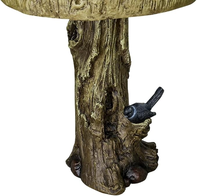 SunJet 24.4 Inch Heigh Wood-Look Concrete Bird Bath with Decorative Faux Bird – birdbath Rustic & Long-Lasting Design, Enhances Garden, Patio, Yard, Lawn Décor