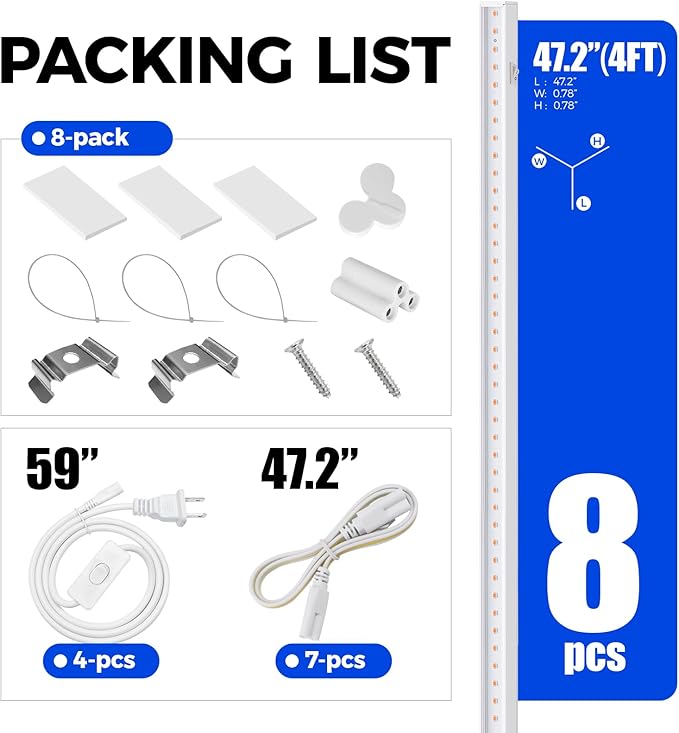 Barrina Grow Lights for Indoor Plants, Full Spectrum, 4ft 160W (8 x 20W), LED Grow Light Strip for Seed Starting, Greenhouse, Plug and Play, 8-Pack