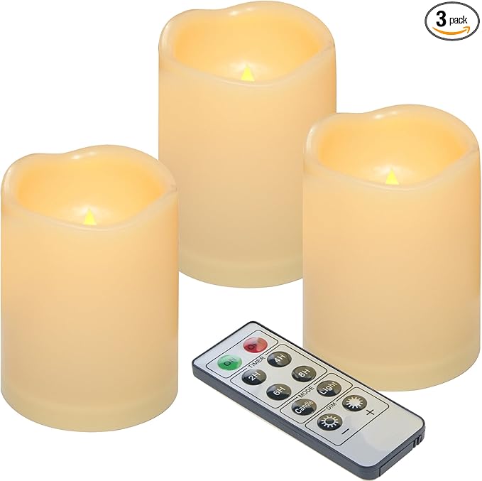 iZAN 3-Pack Outdoor Flameless LED Battery Operated Candles with Remote Waterproof Flickering Electric Pillar Candles for Halloween Chirstmas Home Wedding Party Festival Décor Long Battery Life 3”x4”