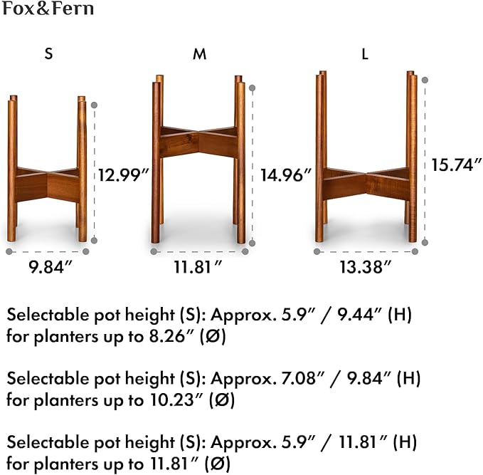 Fox & Fern Set of 3 Mid Century Plant Stand Indoor — Modern Raised Flower Pot Holder for 8, 10 & 11.8 Inch Planters (Not Included); Plug In Design; Two Height Options; Easy to Assemble - Acacia