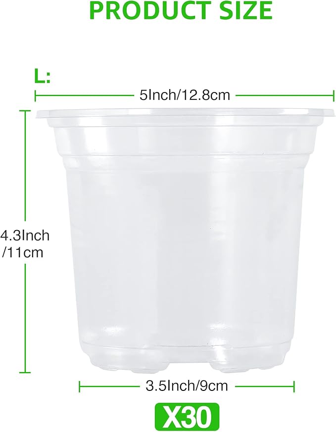 MIXC 30 Packs 5" Reinforced Clear Nursery Pots with Drainage Holes, Transparent Plastic Plant Pot Seedling Pots, Seed Starter Pots for Planting, Flower Pot