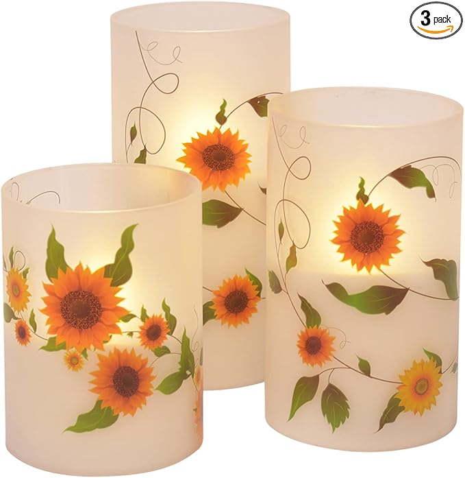 Mark Feldstein & Associates Sunflower Garden Flameless LED Glass Pillar Candles, Set of 3, 6 Inch