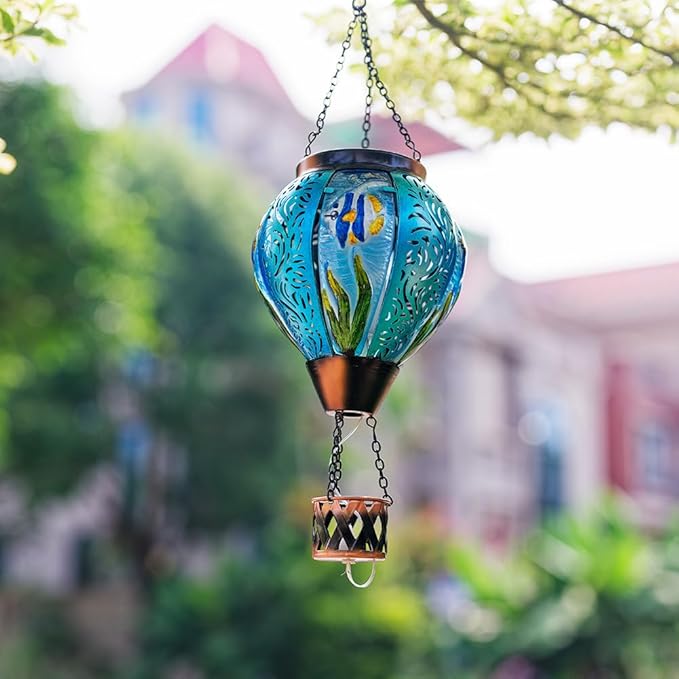 Blue Fish Hot Air Balloon Solar Lantern with Flickering Flame Hanging Solar Lanterns Outdoor Waterproof,LED Metal Hot Air Balloon Lights for Patio Yard Garden Decor,Mother Day Gifts for Women