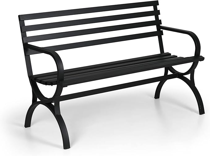 PHI VILLA Outdoor Garden Bench, 48” Long Metal Steel Bench with Backrest and Armrests, Modern Slatted Design for Patio, Lawn, Yard, Porch - Black