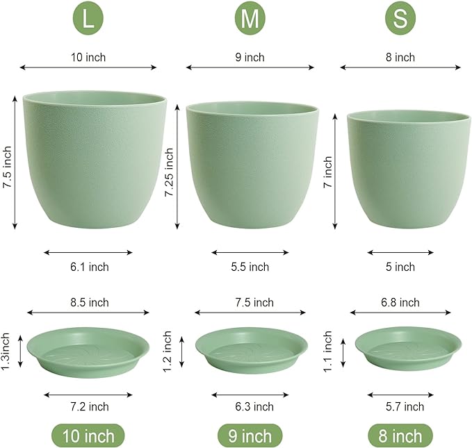 Medium Plant Pots 10/9/8 inch, Flower Pots for Indoor Outdoor Plants, Set of 3 Modern Decorative Plastic Planters with Drainage Holes and Saucers for House Porch Garden Plants, Green