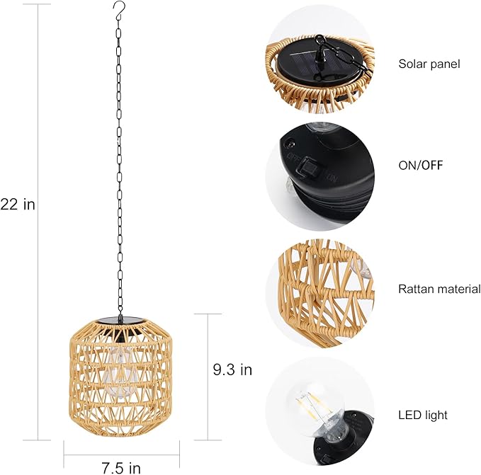 Solar Pendant Light Outdoor,Chandelier Hanging Lantern with Edison Bulb,Boho Solar Powered Lamps IP44 Waterproof for Gazebo Tree Porch Yard Porch Patio Garden Backyard Decorative