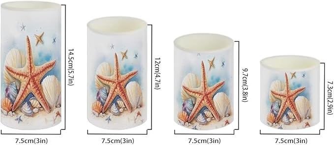 Flameless LED Battery Candles Pack of 4 Waterproof Pillar Candles Tealights with 18-Key Timer Remote Colorful Lights for Outdoor Beach Coastal Home Decor, Starfish Seashell Retro