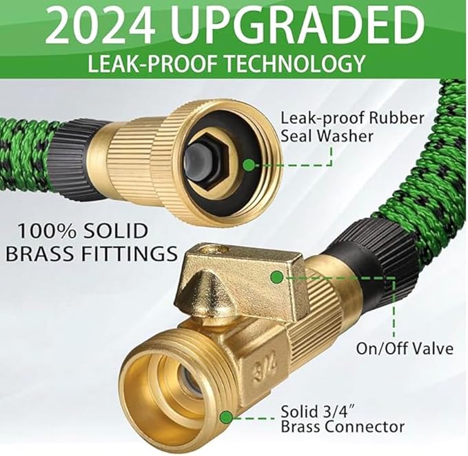 J&B XpandaHose 75ft Expandable Garden Hose with Holder - Heavy Duty Superior Strength 3750D - 4 -Layer Latex Core - Extra Strong Brass Connectors and 10 Spray Nozzle w/Storage Bag (Green 75)