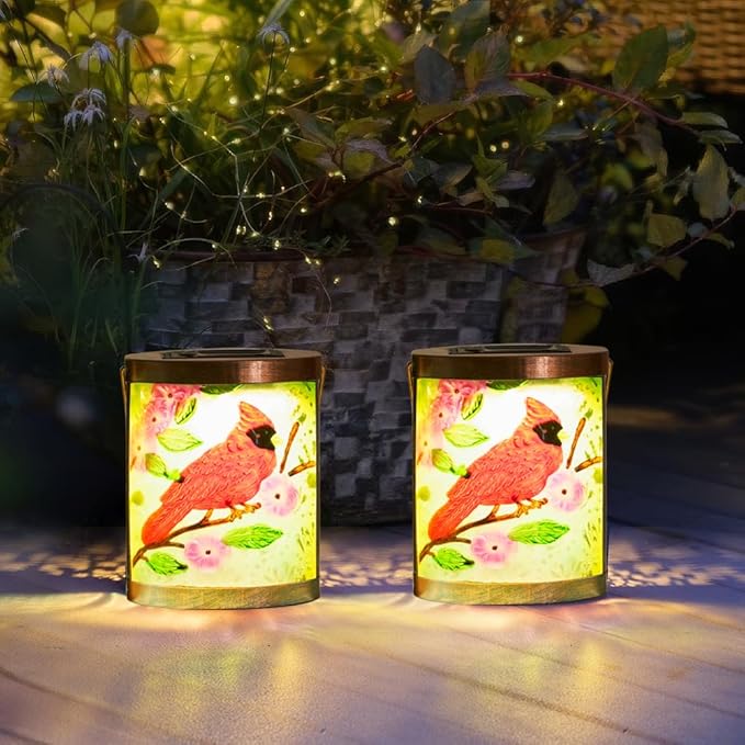 Starsoul 2 Pack Hanging Solar Lantern Outdoor Waterproof Glass Red Cardinal Decorative Solar Lights for Outside Garden Yard Table Patio Decor Cardinal Gifts