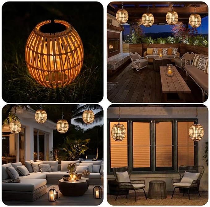 Hanging Solar Lantern Outdoor Waterproof, IP44 Boho Rattan Solar Hanging Light, Large Solar Lantern for Porch Yard Pathway Garden Decor(Bulb Included)