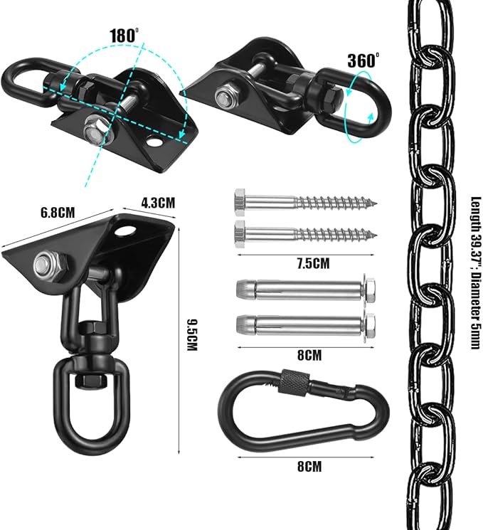JACNITAD Hammock Chair Hanging Hardware Kit with Chain and Spring, Heavy Duty Porch Swing Hanger, 360 Swivel Ceiling Hooks for Punching Bag,Gym (Black)