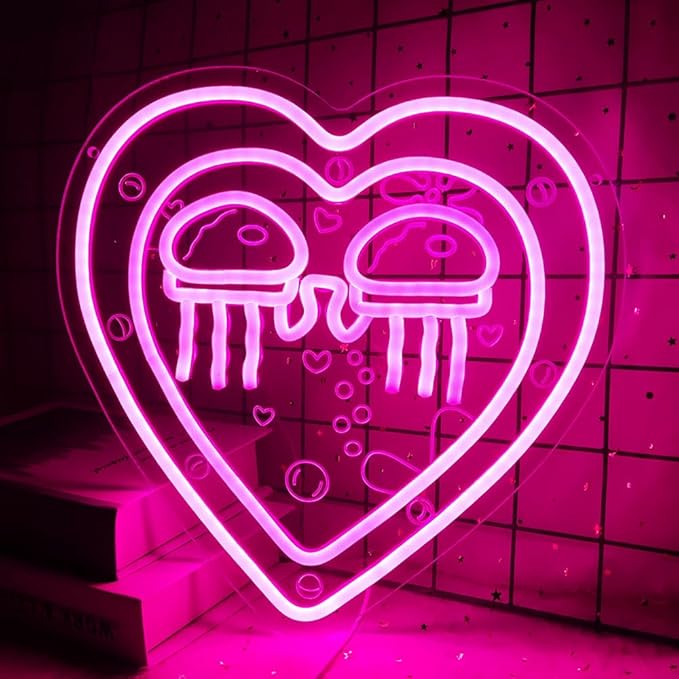 Jellyfish Neon Sign Ocean World Porthole Neon Lights Cartoon Sea World Led Neon Night Light Pink Heart Neon Sign for Wall Decor Bedroom Birthday Gifts for Kids USB Powered,Size13.5 * 12.5inch(JWD027)
