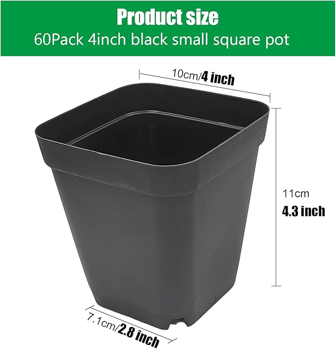 Square Nursery pots 4 Inches 60Pcs, Seedling Plastic Seeds propogation Growing Pots (Black,4Inches,60Pcs)