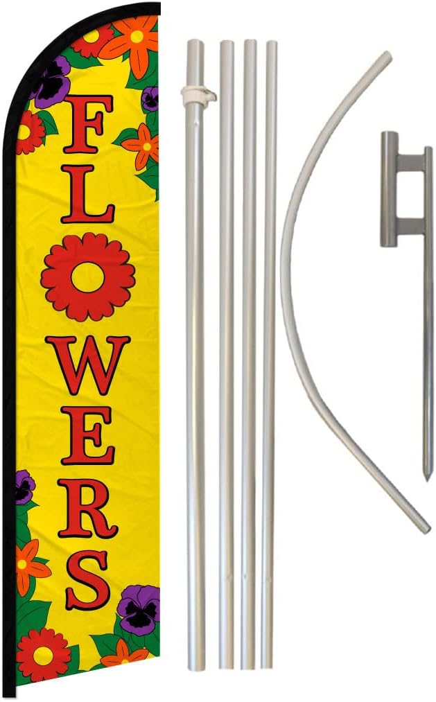 Flowers Windless Banner Advertising Flag & Pole Kit - Perfect for Florists, Flower Shops, Gift Shops