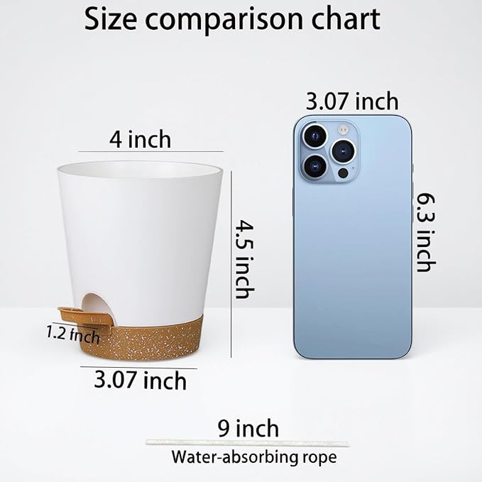 12 Pack 4 Inch Self Watering Plant Pots with Drainage and Saucers,Plastic Flower Pots for Indoor and Outdoor Plants, Nursery Planters for Houseplants and Herbs White Brown, 4 inch 12pcs