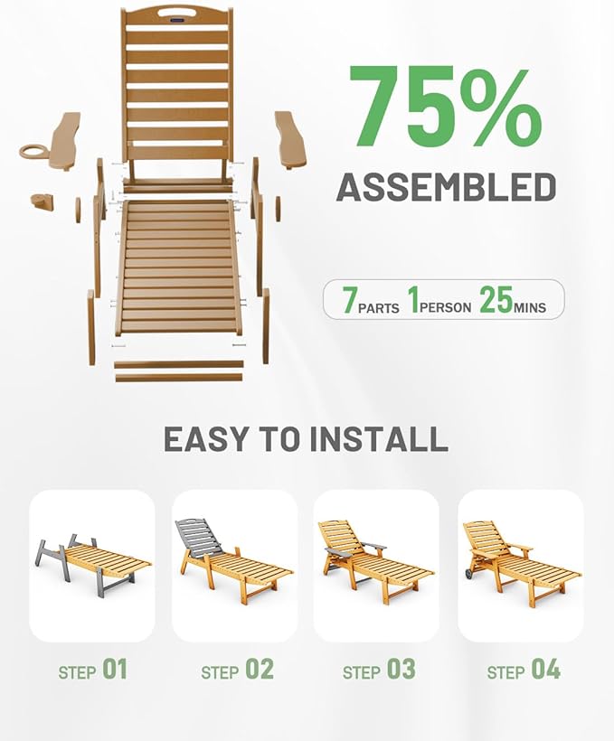 Lounge Chair Outdoor Set of 4 with Wheels, Adjustable 6-Position Chaise Lounge Outdoor, Patio Lounge Chair for Poolside Backyard, Teak