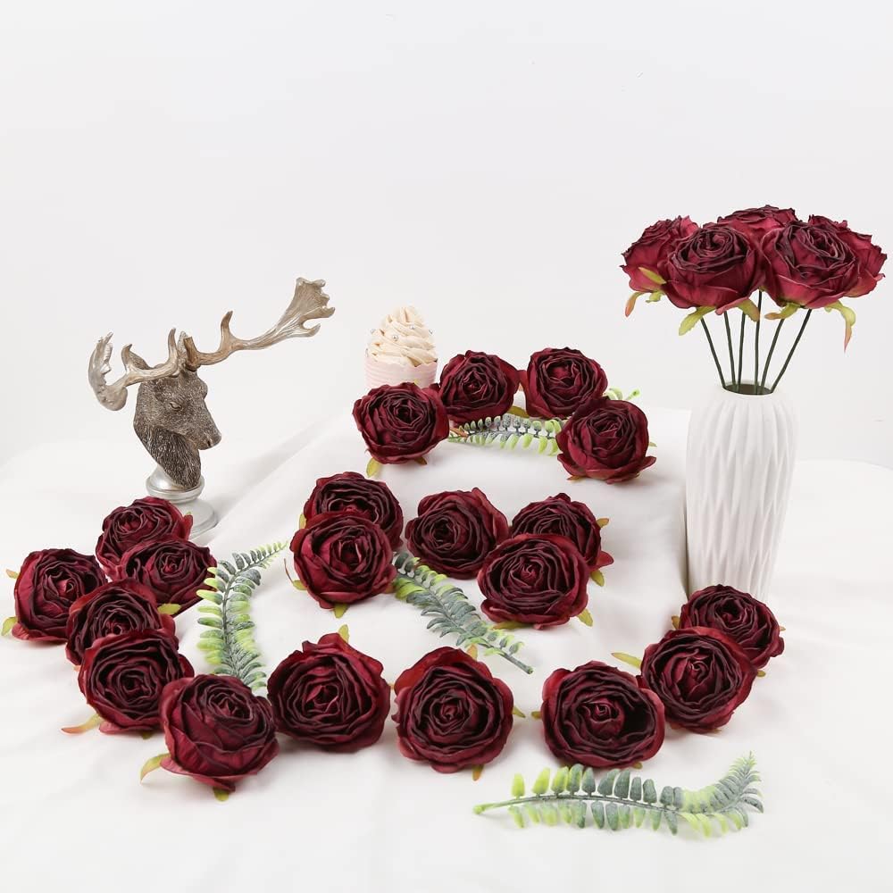 IPOPU Burgundy Flowers Artificial Rose Heads 25pcs Silk Flower Heads Bulk Dried Burgundy Silk Flowers for Artificial Bouquet Wedding Fake Flower Heads for Flower Wall Decor Bridal Shower (Burgundy)