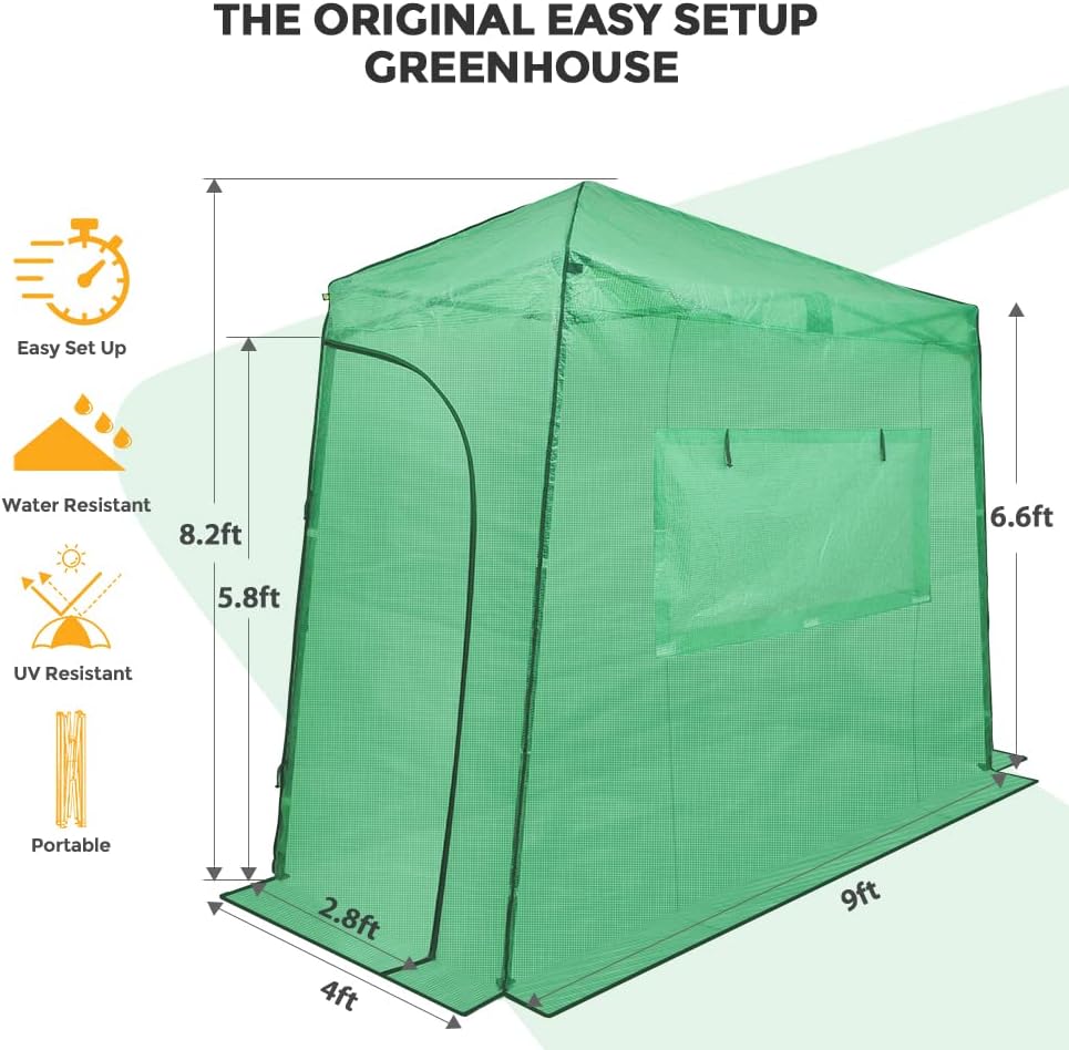 EAGLE PEAK 9x4 Lean to Portable Walk-in Greenhouse, Pop Up Indoor Outdoor Garden Green House, Zippered Doors and Window, PE Cover, Green