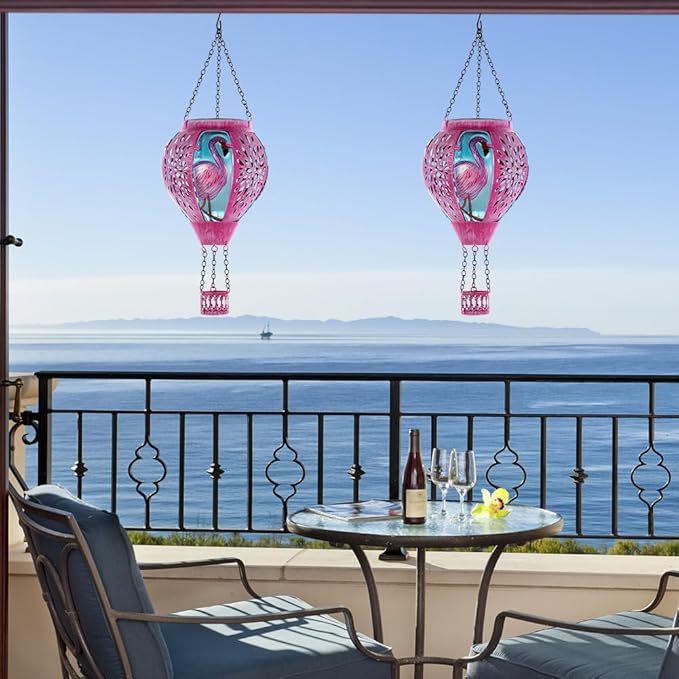 Starsoul Pink Hot Air Balloon Solar Lantern Flamingo Metal & Glass Solar Hot Air Balloon Hanging Garden Light Waterproof Outdoor Lantern for Patio Yard Party Decor