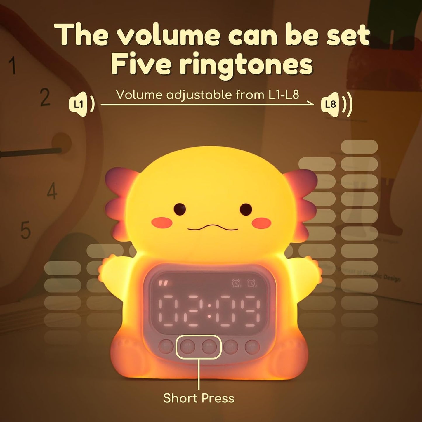 Axolotl Alarm Clock with Night Light for Kids, 7 RGB Color Cute Alarm Clocks for Bedrooms Ok to Wake Clocks, Silicone Animal Tabletop Lamp for Teen Girls Boys