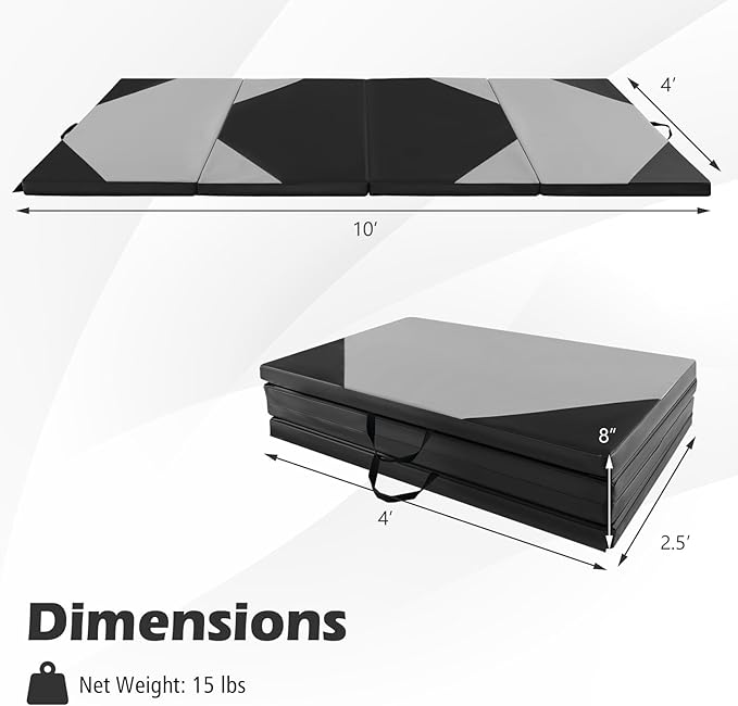 Giantex 4'x10'x 2" Gymnastics Mat, 4-Panel Folding Aerobics Exercise Mat w/Hook & Loop Fastener, Carrying Handle, Portable Tumbling Mat for Stretching Yoga Cheerleading Martial Arts