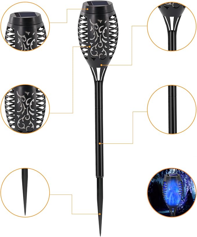 Outdoor Solar Lights Blue, 12 Pack Solar Torch Lights with Flickering Flame Waterproof Mini Tiki Torches for Landscape Garden Pathway Dusk to Dawn Auto On/Off