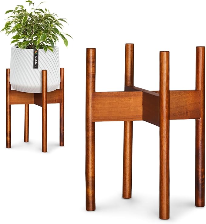 Fox & Fern Mid Century Plant Stand — 8 Inch Fixed Size Wooden Plant Stand for Indoor Planters; Raised Flower Pot Holder for Indoors; Plug In Design; Two Height Options; Easy to Assemble - Acacia