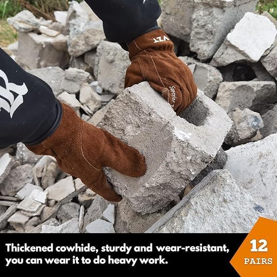 12 Pairs Bulk Leather Work Gloves for Men or Women for Gardening, Construction, Truck, Driving, Farm, Ranch, Woodworker, Soft, Cowhide Thickened, Water Resistant, Brown, XLarge