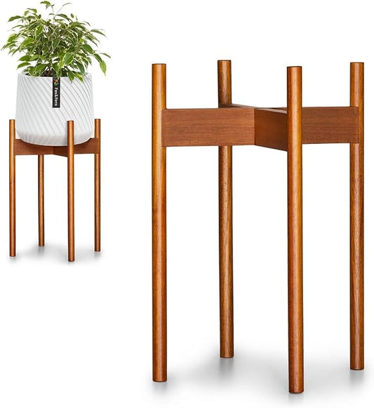 Fox & Fern Mid Century Tall Plant Stand — 10 Inch Fixed Size Raised Wooden Plant Stand for Indoor Planters; Modern Flower Pot Holder with Plug In Design; Easy to Assemble; Two Height Options - Acacia