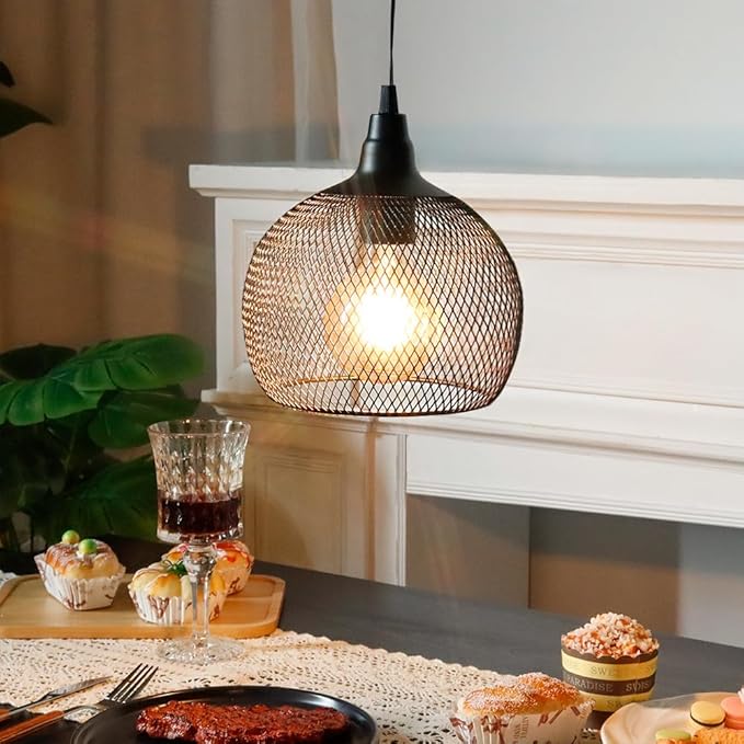 JHY DESIGN Hanging Lamp Black Battery Powered Decorative Pendant Lamp Metal Cage Battery Lamp with 6 Hours Timer for Bar Bedroom Garden Parties Patio Indoor Outdoor Living Room(Round)