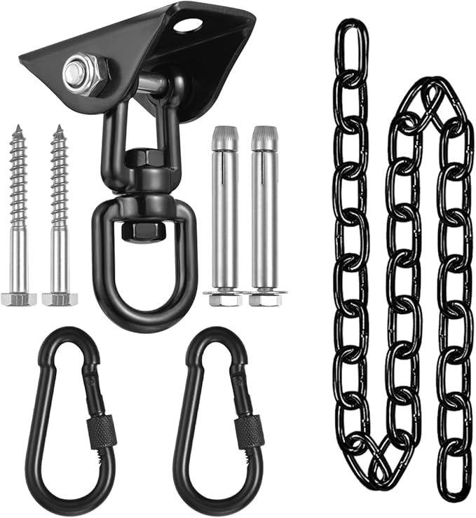 JACNITAD Hammock Chair Hanging Hardware Kit with Chain and Spring, Heavy Duty Porch Swing Hanger, 360 Swivel Ceiling Hooks for Punching Bag,Gym (Black)