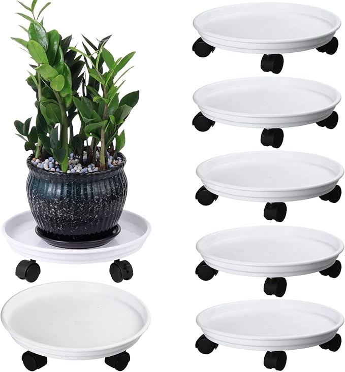 6 Packs Plant Caddy with Wheels 12" Plastic Rolling Plant Stands Heavy-Duty Plant Dolly with Casters Indoor Outdoor Plant Roller Base Plant Pot Saucers on Wheels Planter Mover, White