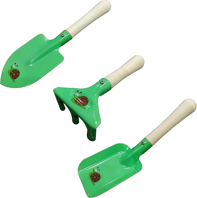Kids Gardening Set Wooden Handle, 6 Pieces (Yellow+Green), Kids Beach Shovel Set, Sandbox Play Toy, Sand Shovel and Garden Hand Tool